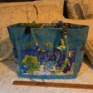 Colorful Canvas Beach Sea Turtle Print Tote Bag